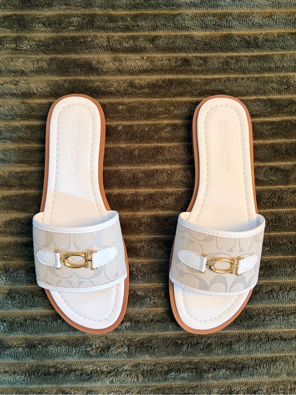 Coach Beige and White Signature Slide Sandals with Gold Hardware - Size 38